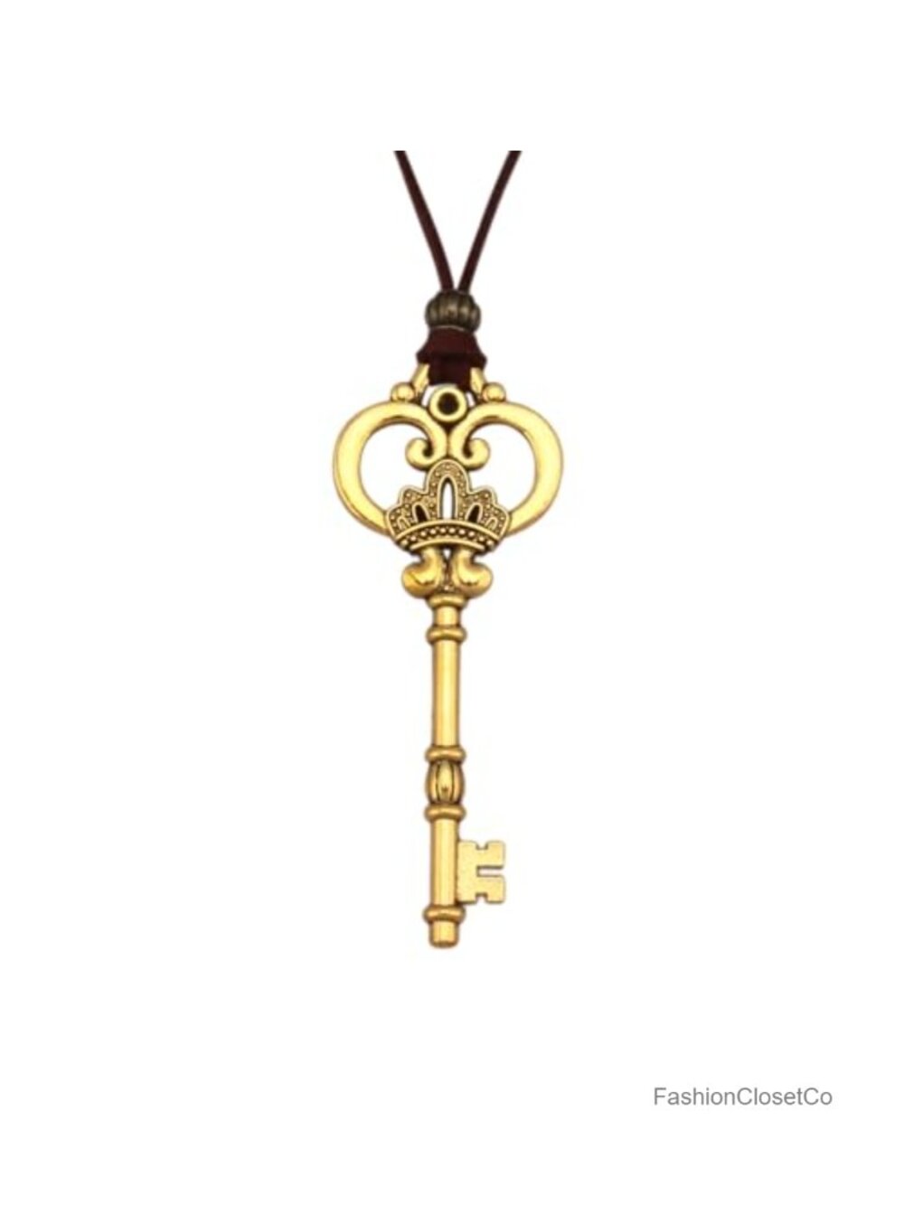 Chunky Leather Cord Necklace with Vintage Crown Key Pendant Boho Long Sweater